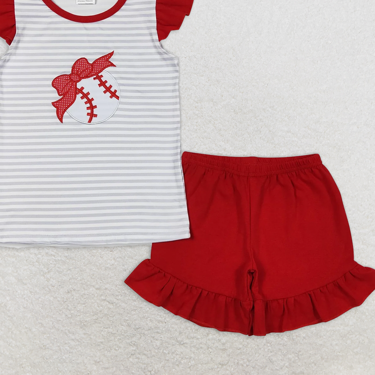 GSSO0605  RTS NO MOQ Baby Girls Summer Outfits Stripe baseball shirt ruffle shorts girls clothing