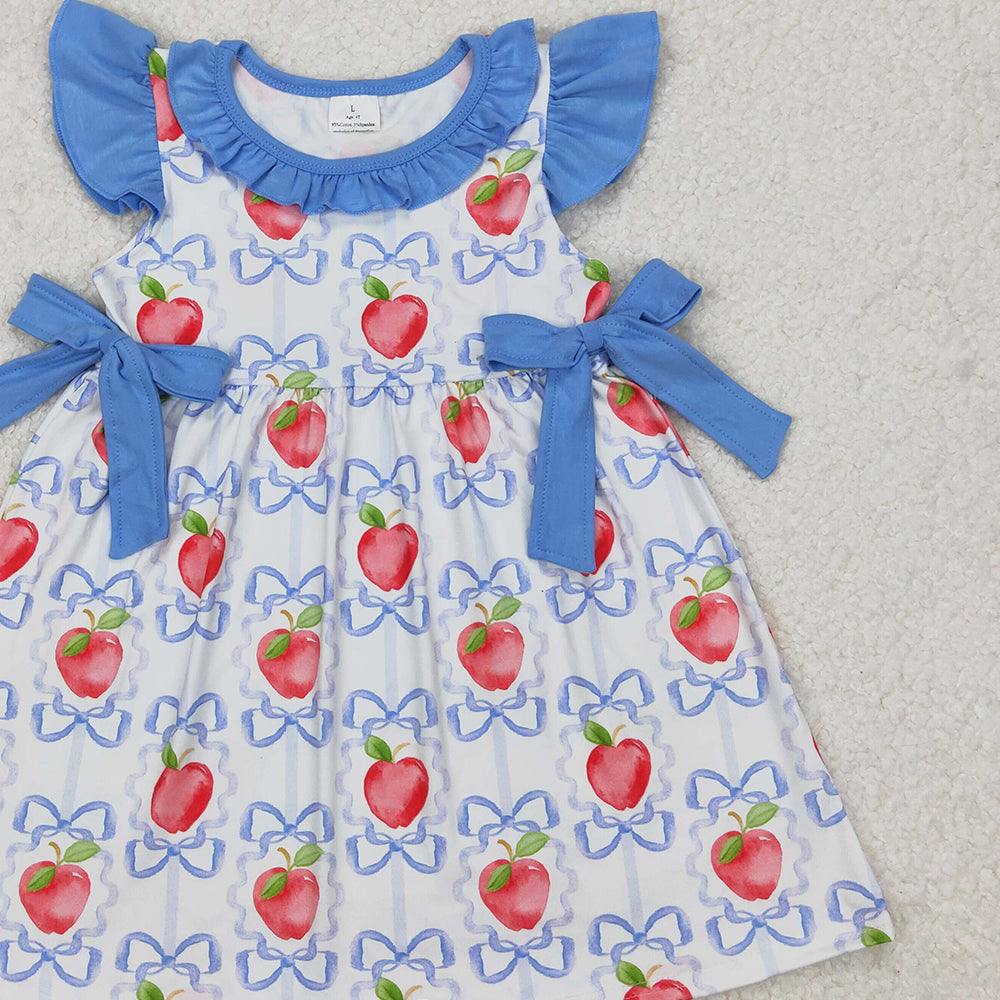 GSD1966 RTS NO MOQ Kids Girls 4th of July Dresses with Flutter Sleeves Bow Apple Design for Children's Clothing