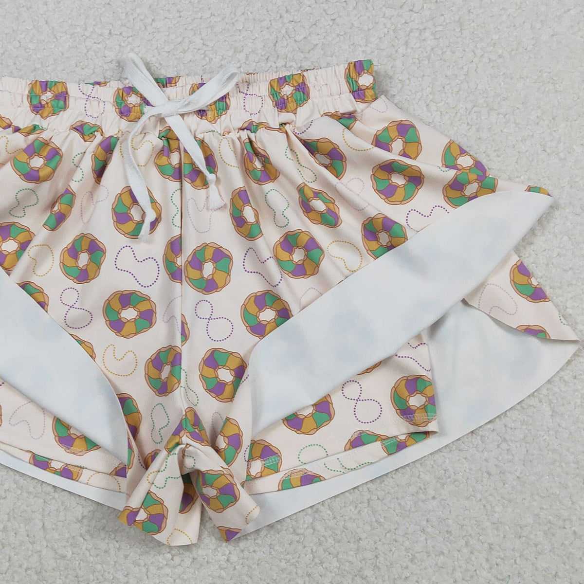 12.2 RTS NO MOQ （In stock）SS0683 Adult Women Mardigras Donuts Necklaces Yoga Active Ruffle Shorts Bottoms