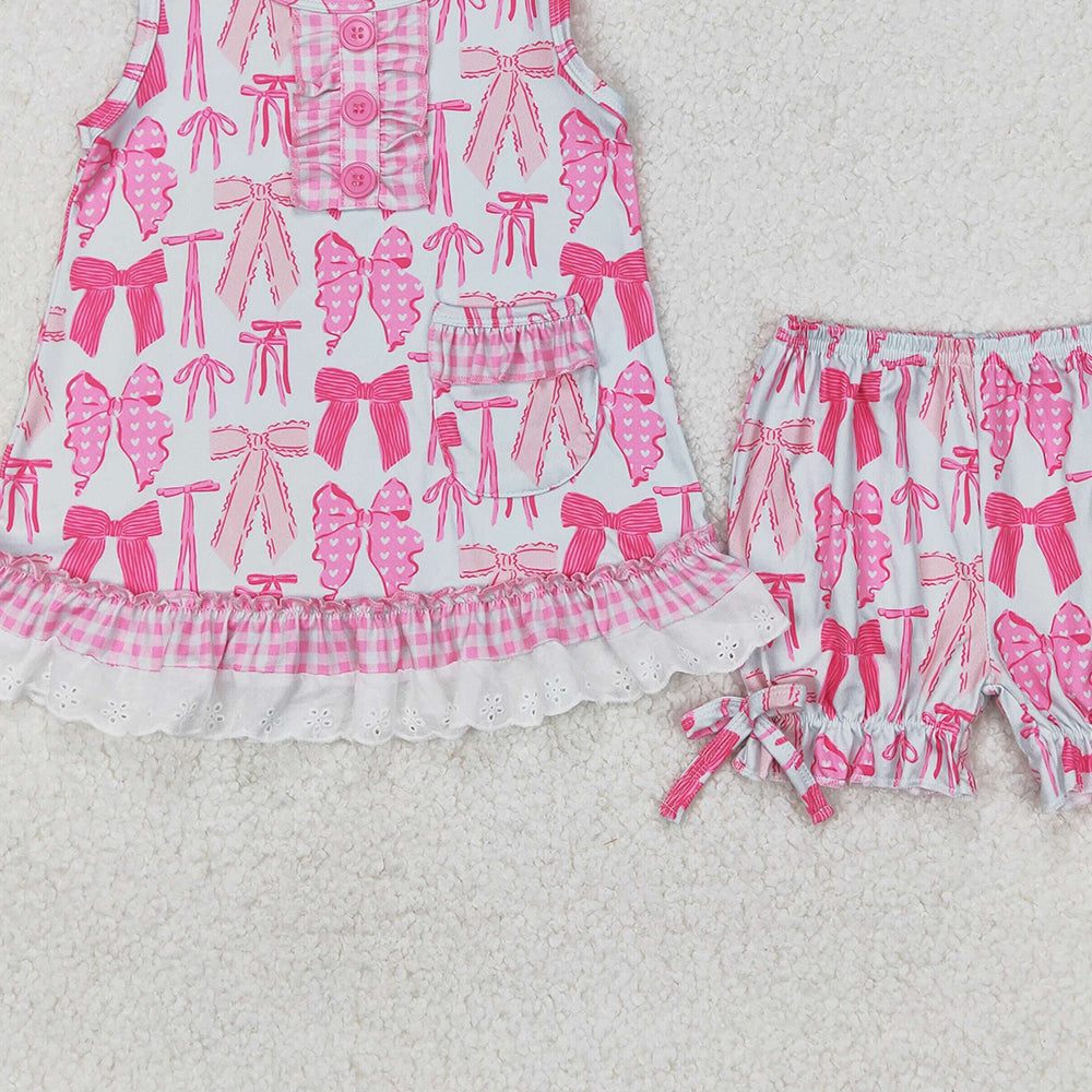 4.17 GSSO2187 RTS NO MOQ Sleeveless pink bow ruffle top shorts girls pajamas set