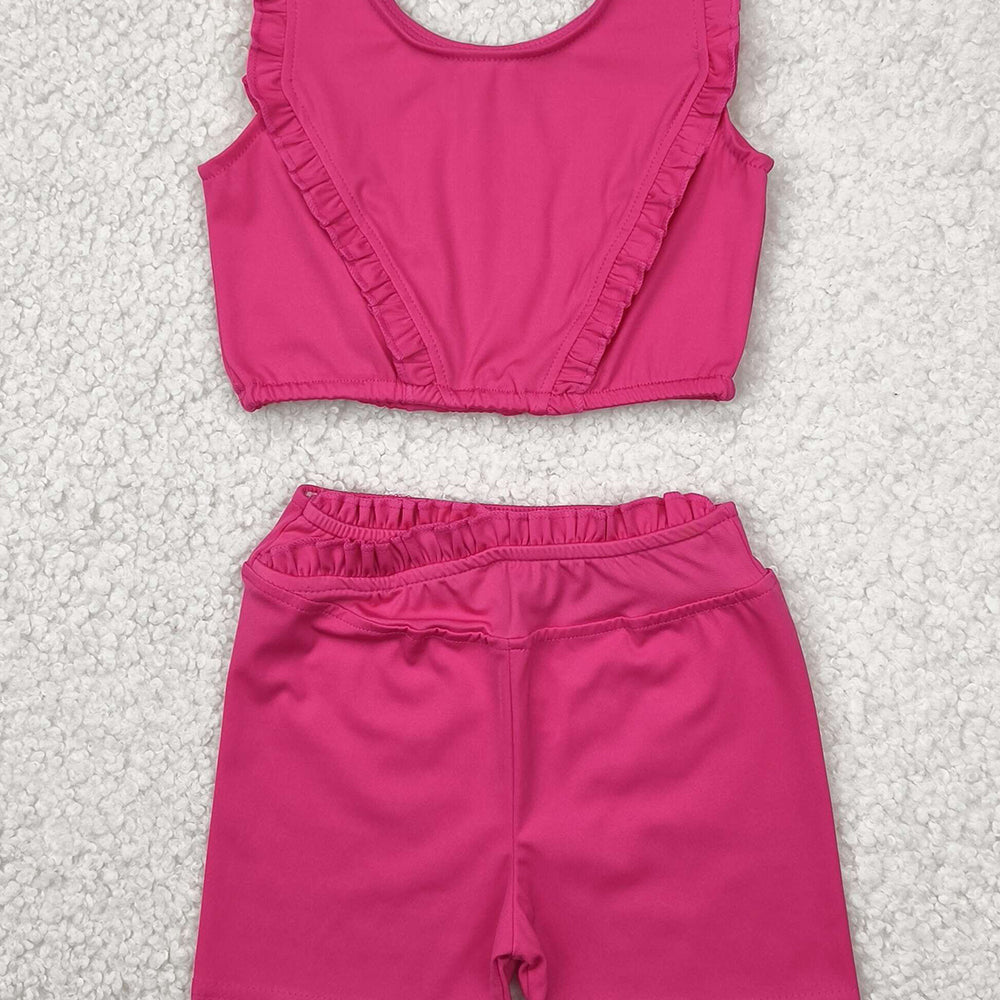 GSSO2284RTS NO MOQ Baby Girls Yoga Outfits Girls Hot Pink Ruffle Crop Top Shorts Set Yoga Outfit Fitness Gymnastics Dancewear Sportswear Active Wear Children's Clothing