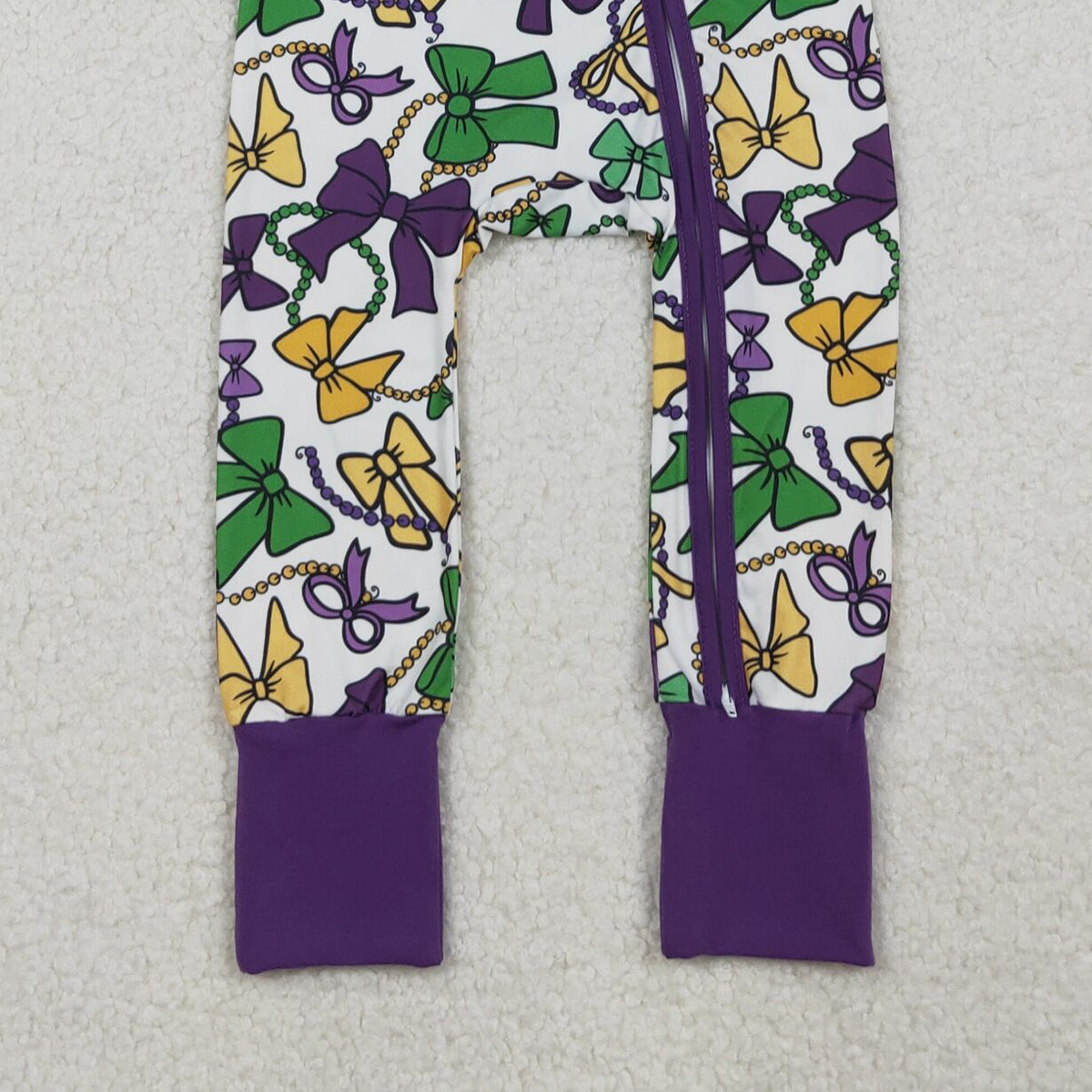 10.13 RTS NO MOQ （In stock）LR2678 Baby Girls Winter Rompers Baby Girls Mardigras Bows Masks Zipper Footie Rompers