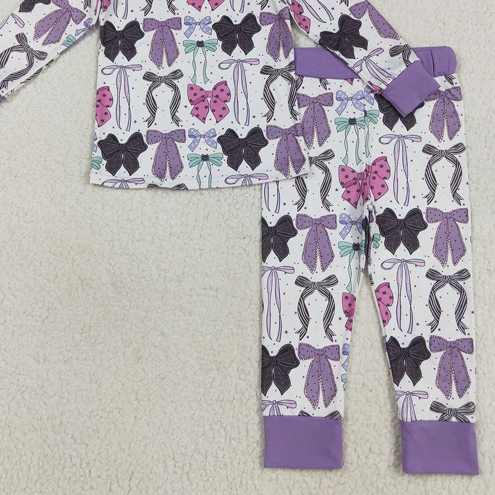 RTS NO MOQ （In stock）GLP2533 Baby Girls Winter Outfits Baby Girls Long Sleeves Colorful Bows Top Pant Pajamas Set
