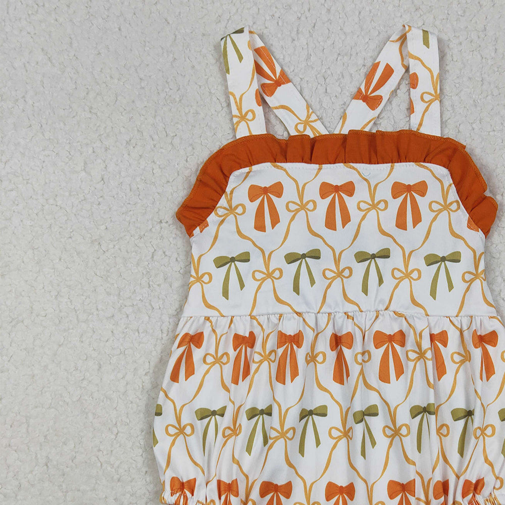 RTS NO MOQ （In stock）SR3148 Baby Girls Summer Rompers Baby Girls Strap Orange Bows Plaid Ruffle Rompers