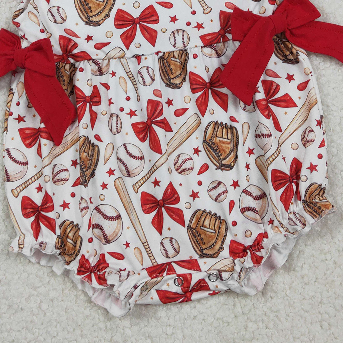 1.23 RTS NO MOQ （In stock）SR3834 Baby Girls Flutter Sleeve Baseballs Bows Team Ruffle Rompers