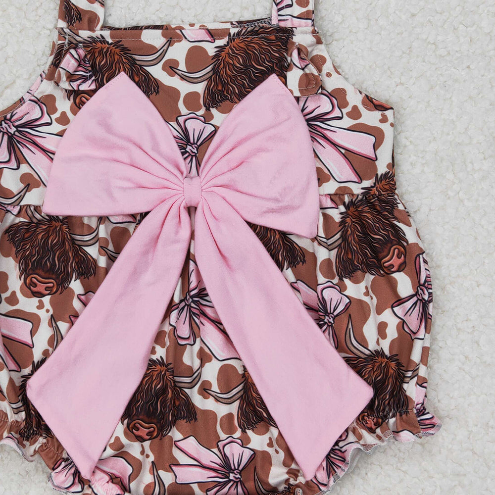 5.19  SR2697 RTS NO MOQ Straps highland cow pink bow western baby girls romper