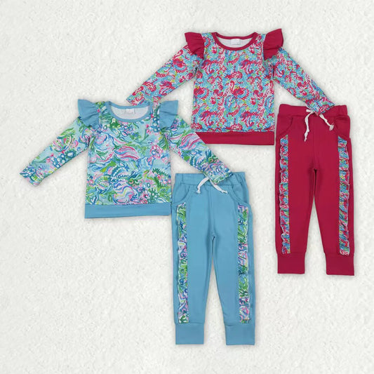 12.4 RTS Sibling Baby Girls Watercolor Floral Top Pockets Ruffle Jogger Pants Clothes Sets