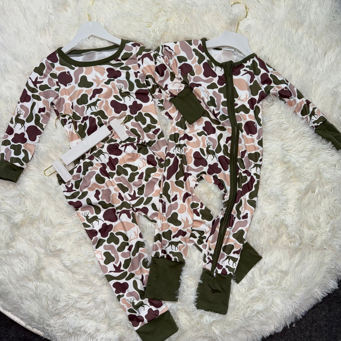 10.30 RTS Sibling Baby Boys Turkey Ducks Camo Hunting Pajamas Sets Zipper Rompers