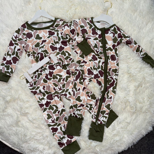 10.30 RTS Sibling Baby Boys Turkey Ducks Camo Hunting Pajamas Sets Zipper Rompers