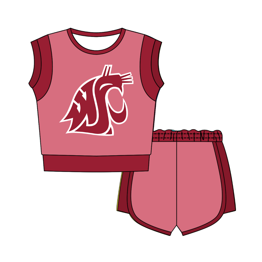 CUSTOM MOQ 5 Cute Comfortable Clothing For Kids Baby Kids Summer Pink Red Sleeveless Patchwork Top Lace-up Shorts Clothes Sets
