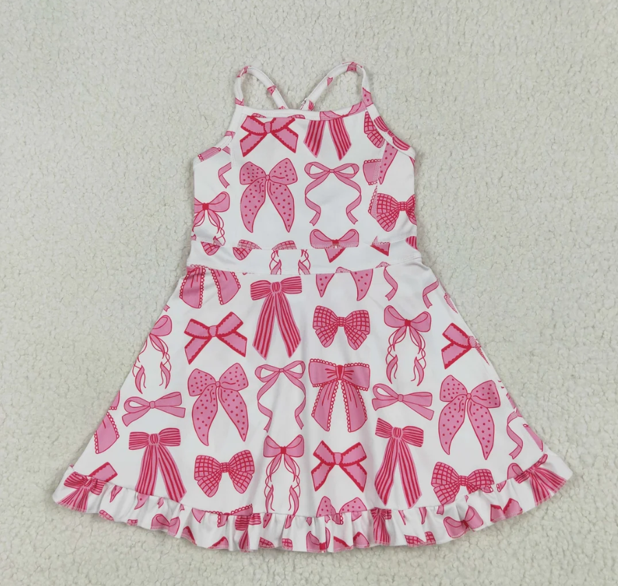 USA Warehouse (IN STOCK) GSD2564 Baby Girls Strap Pink Bows Plaid Yoga Active Short Ruffle Knee Length Dress