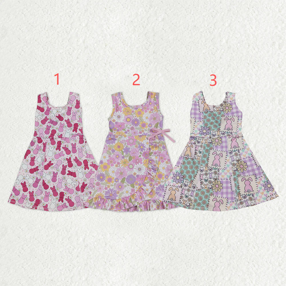 12.22 RST Sibling Baby Girls Sleeveless Rabbits Flowers Yoga Active Shorts Ruffle Knee Length Dresses
