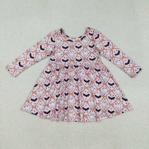 9.19 RTS Sibling Baby Girls Ghosts Bats Checked Halloween Pajamas Sets Knee Length Dresses