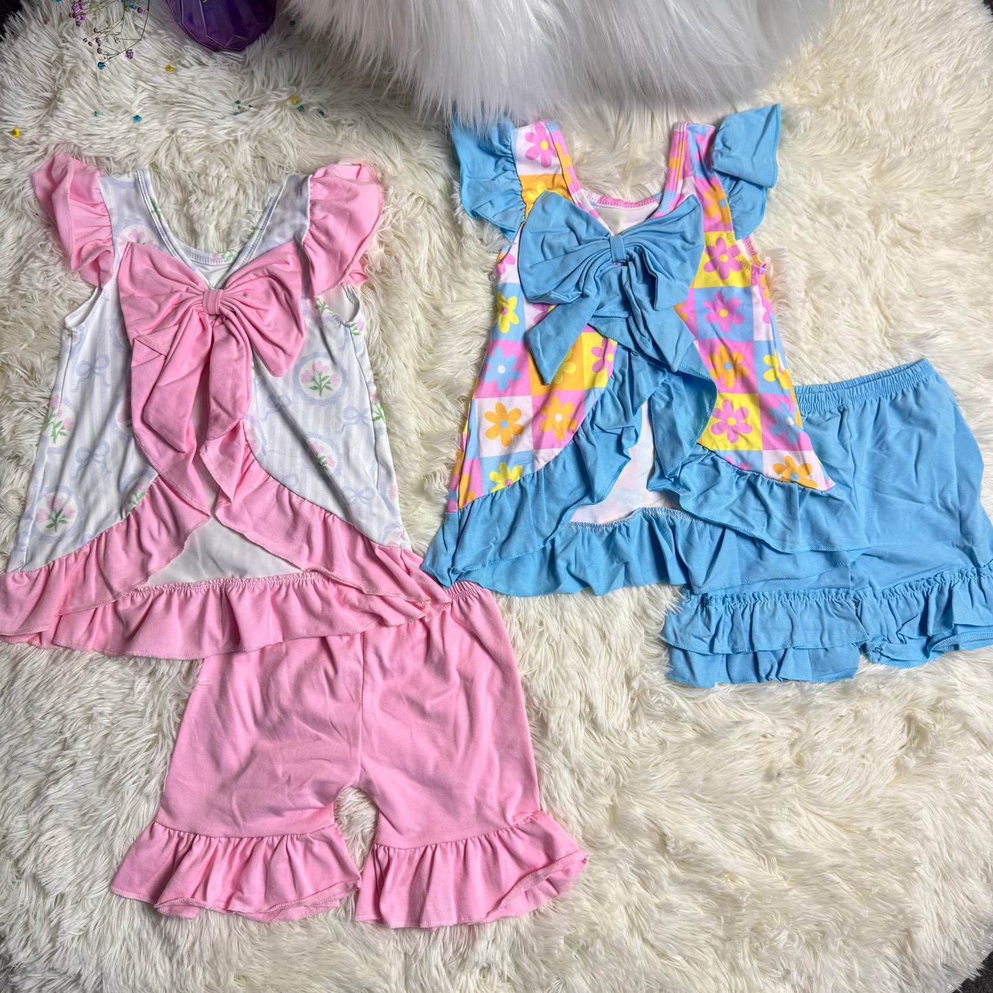 12.13 RST Sibling Baby Girls Flowers Bows Tunic Ruffle Shorts Clothes Sets