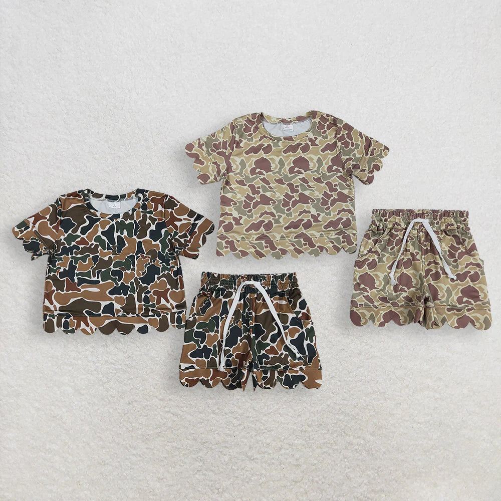 3.20 RTS Sibling Baby Girls Southern Camo Top Pockets Scallop Shorts Clothes Sets