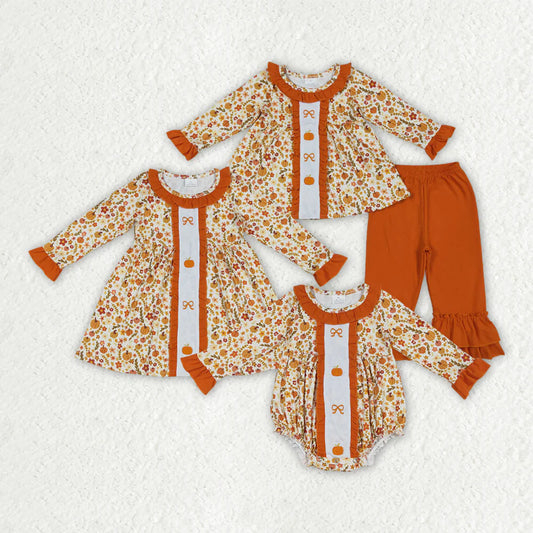 10.2 RTS Sibling Embroidery Baby Girls Fall Bows Pumpkins Tunic Pants Set Knee Length Dress Rompers