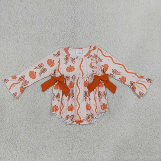 LR3083 RTS NO MOQ （In stock）Baby Girls Stripe Pumpkin Bow Long Sleeve Button Ruffle Hem Halloween Romper