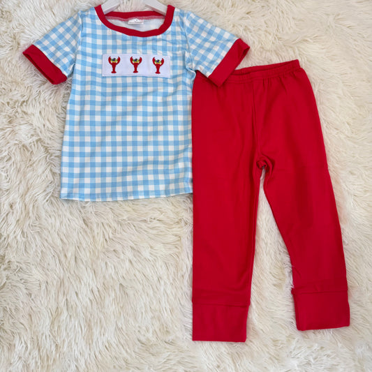11.26 RST BSPO0602 Embroidery Anchors Crayfishes Baby Boys Checked Leggings Mardigras Clothes Sets