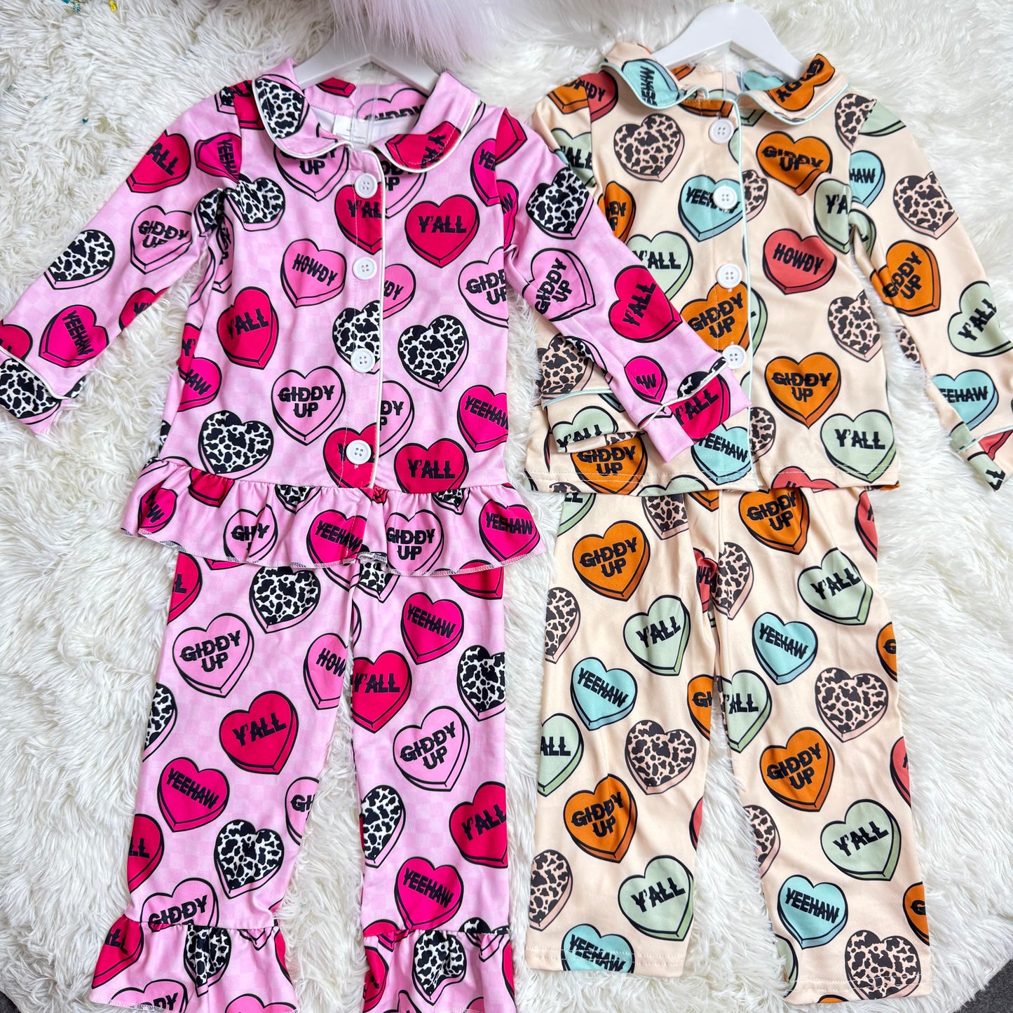 12.16 RST Sibling Baby Boys Girls Hearts Plaid Button Pants Valentine Pajamas Sets