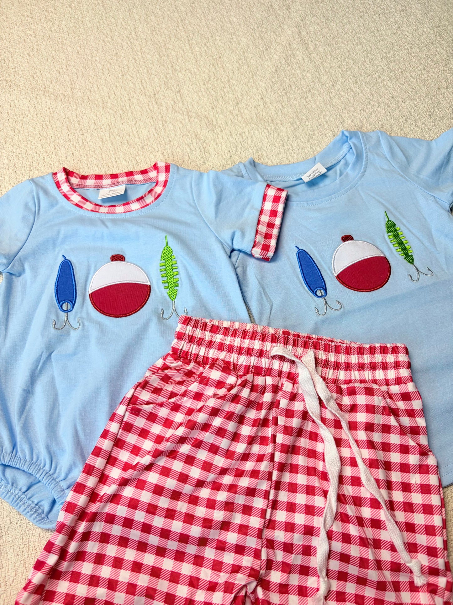 0430 RTS Sibling Short sleeves fishing lure embroidery kids boys outfits and romper