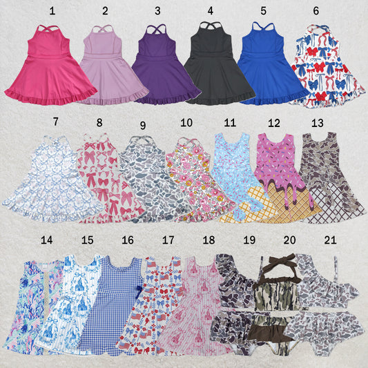 USA Warehouse (IN STOCK) Baby girls Solid color Straps floral ruffle athletic dresses and swimsuit set
