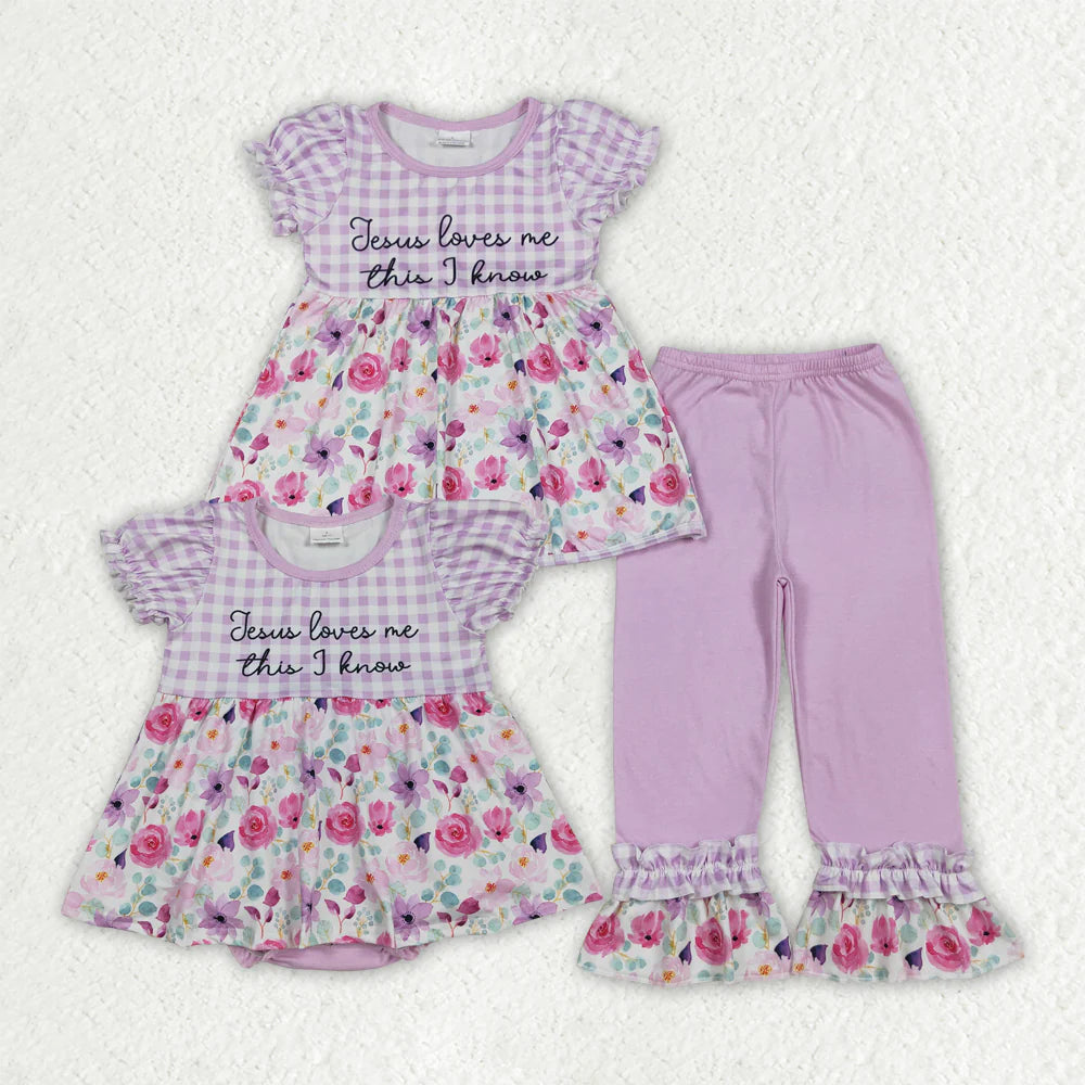 12.4 RTS Sibling Baby Girls Flowers Checked Jesus Love Me Tunic Ruffle Pants Set Tunic Ruffle Rompers
