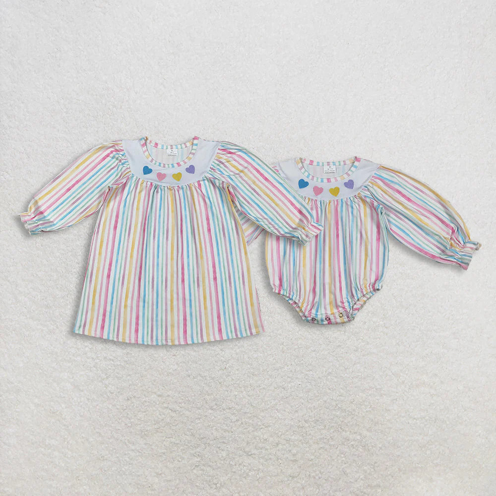11.7 RTS Sibling Baby Girls Colorful Stripe Embroidery Hearts Ruffle Sleeve Knee Length Dress Rompers