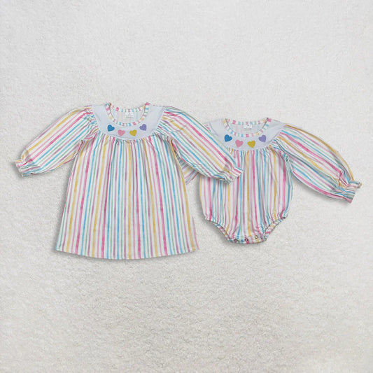 11.7 RTS Sibling Baby Girls Colorful Stripe Embroidery Hearts Ruffle Sleeve Knee Length Dress Rompers