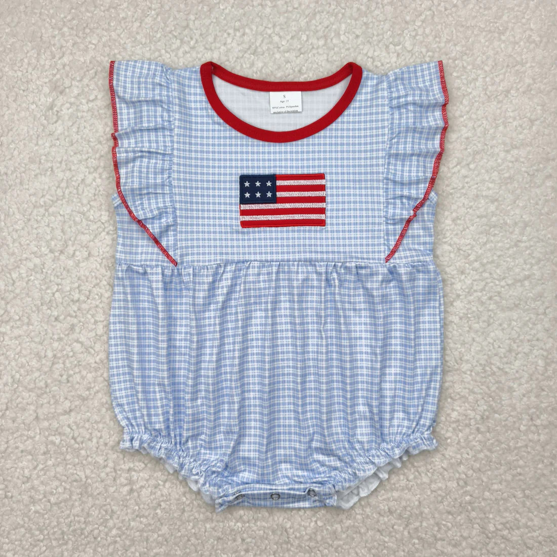 11.10 RTS Sibling Embroidery Flag Baby Girls Blue Checkered Tunic Ruffle Shorts Clothes Sets Rompers