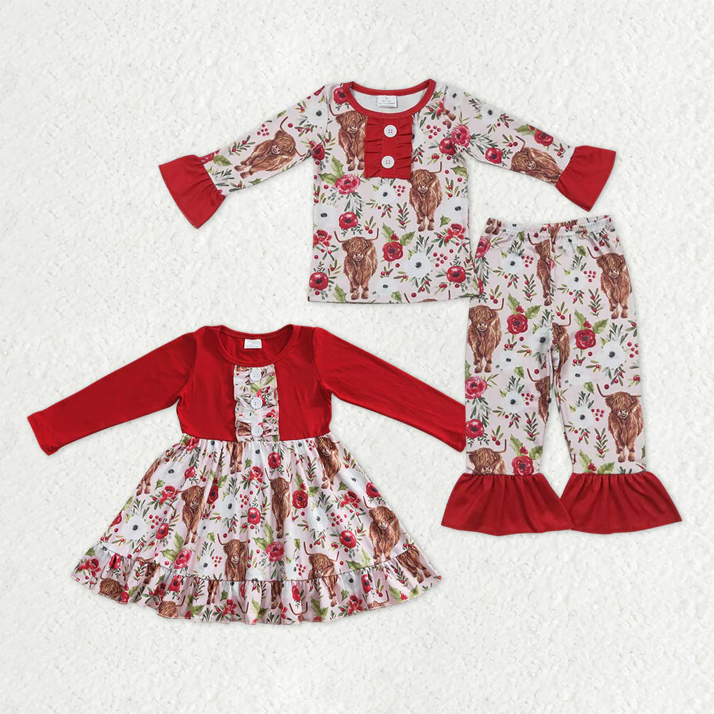 12.1 RTS Sibling Baby Girls Flowers Highland Cows Ruffle Pant Western Pajamas Set Knee Length Dress