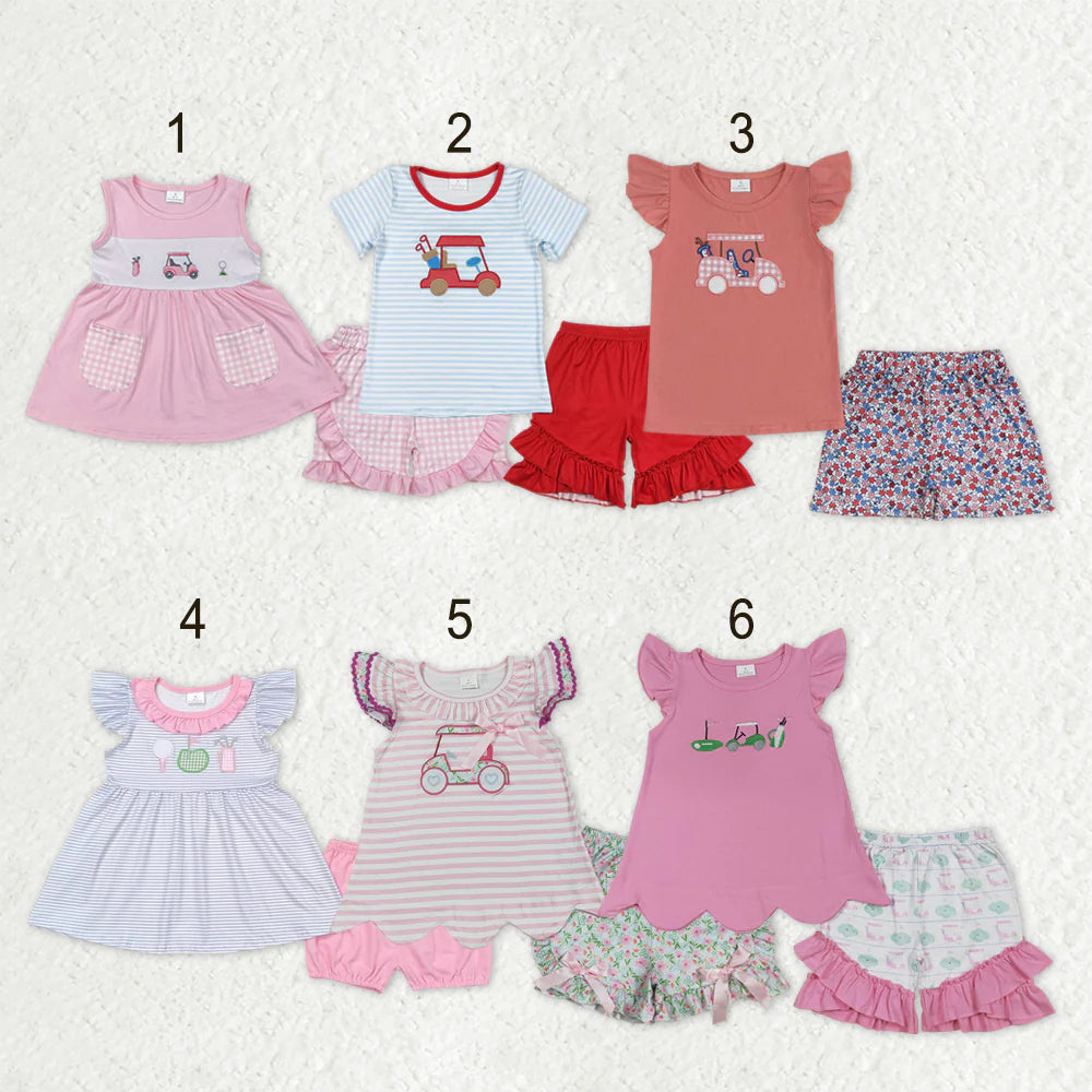 1.8 RTS Sibling Baby Girls Embroidery Golf Shirts Top Ruffle Shorts Summer Clothes Sets