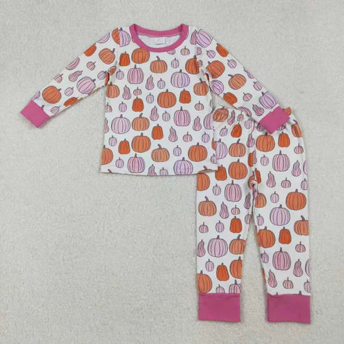 9.17 RTS Sibling Baby Girls Pink Pumpkins Fall Pajamas Sets Ruffle Zipper Footie Rompers