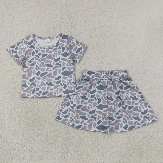 GSD2724  RTS NO MOQ （In stock）Baby Girls Short Sleeves Gray Camo Top Skorts Set Set