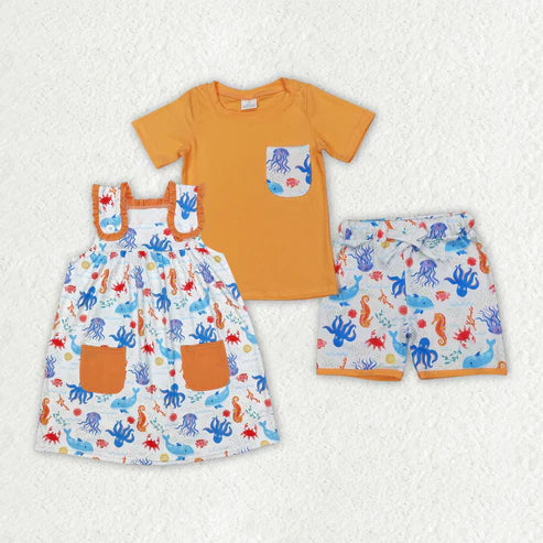 11.8 RTS Sibling Baby Kids Orange Pocket Top Sea Animals Shorts Clothes Sets Knee Length Dresses