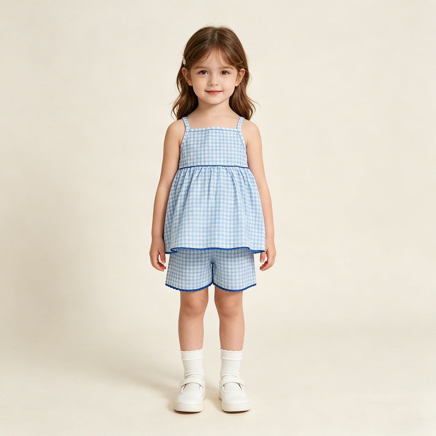 GSSO3418 RTS NO MOQ （In stock ）Straps blue plaid tunic shorts kids girls outfits