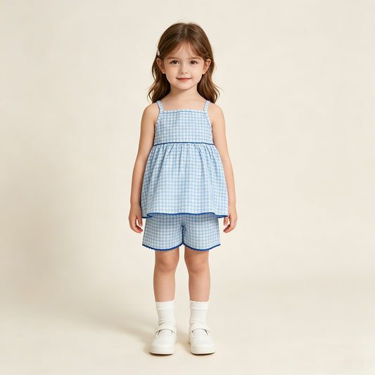 GSSO3418 RTS NO MOQ （In stock ）Straps blue plaid tunic shorts kids girls outfits