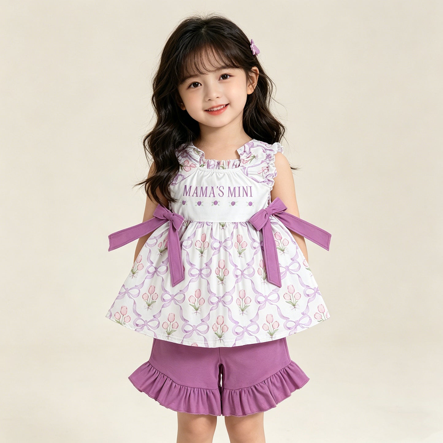 4.13 GSSO2489 RTS NO MOQ （In stock ）Short sleeves mama's mini floral bow tunic shorts girls outfits