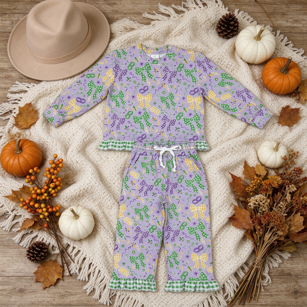 RTS NO MOQ （In stock）milk silk GLP3680 Baby Girls Bows Print Long Sleeve Top Side Pockets Ruffle Pant Clothes Set