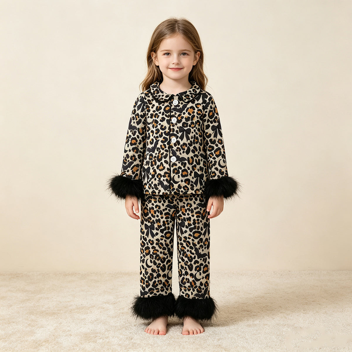 RTS NO MOQ （In stock）milk silk GLP3640 Baby Girls Leopard Bats Button Top Pant Fur Sleeves Halloween Pajamas Set