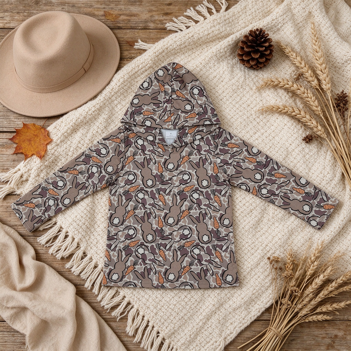 RTS NO MOQ （In stock）milk silk BT1965 Baby Boys Easter Bunny Carrot Camo Print Long Sleeve Hooded Pullover Sweatshirt