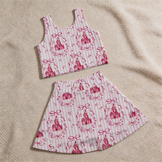 GSD3814 RTS NO MOQ （In stock ）Pink stripe castle crop top bow skirt girls summer active set