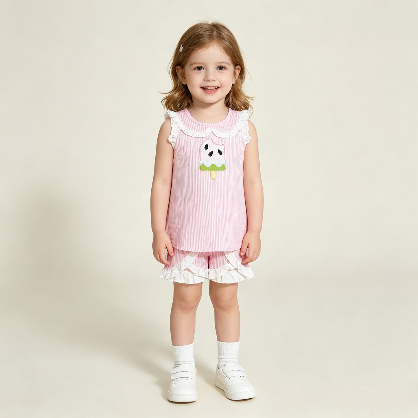 GSSO3238 RTS NO MOQ （In stock ）Pink stripe popsicle top shorts kids girls summer outfits