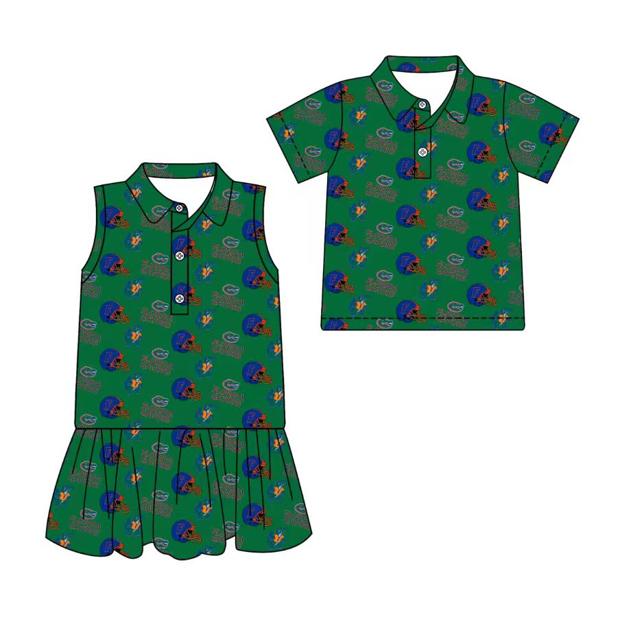 3.11 CUSTOM MOQ 5 Sibling Boys Baby Girls Summer Fashion Short Sleeve Green Blue Hat Shirt Sleeveless Dress Team Clothes Sets