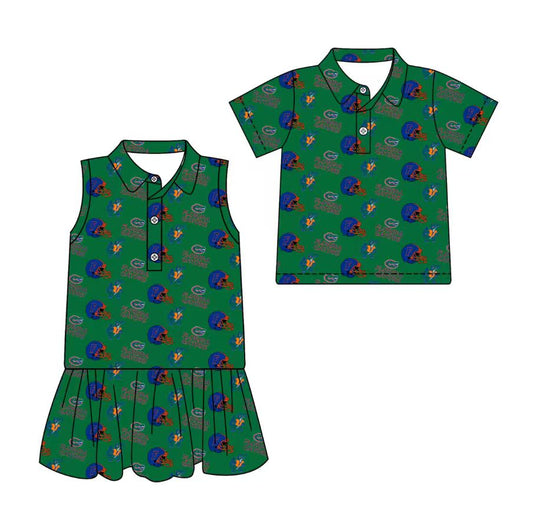 3.11 CUSTOM MOQ 5 Sibling Boys Baby Girls Summer Fashion Short Sleeve Green Blue Hat Shirt Sleeveless Dress Team Clothes Sets