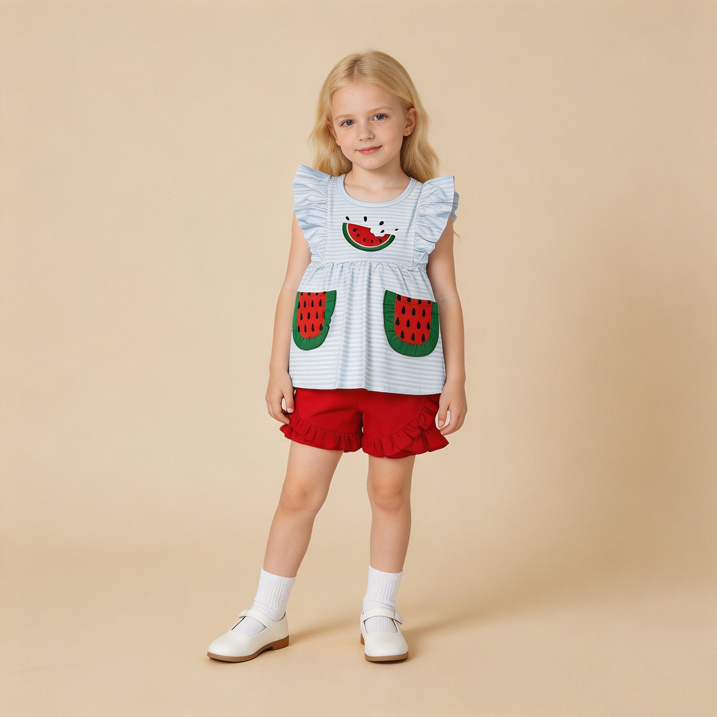 GSSO3636 RTS NO MOQ （In stock）Embroidery Watermelon Baby Girls Blue Stripe Pockets Tunic Ruffle Short Clothes Sets