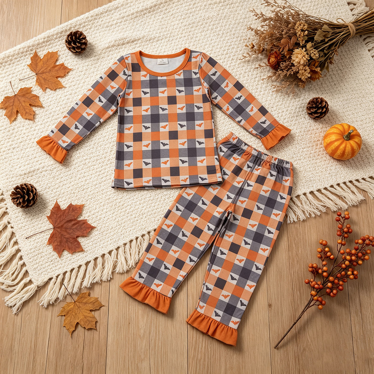 RTS NO MOQ （In stock）milk silk GLP3533 Baby Girls Bats Checked Top Ruffle Pant Halloweens Pajamas Sets