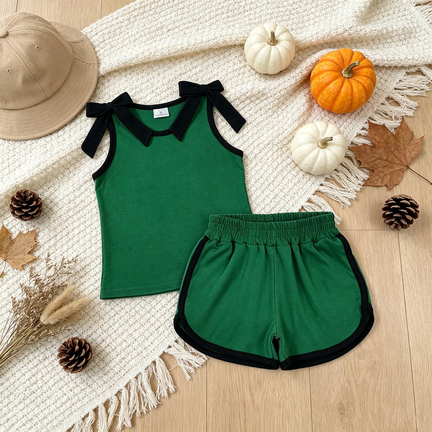 GSSO3825 RTS NO MOQ （In stock）cotton Baby Girls Black Green Bow Print Sleeveless Top Shorts Summer Clothes Se