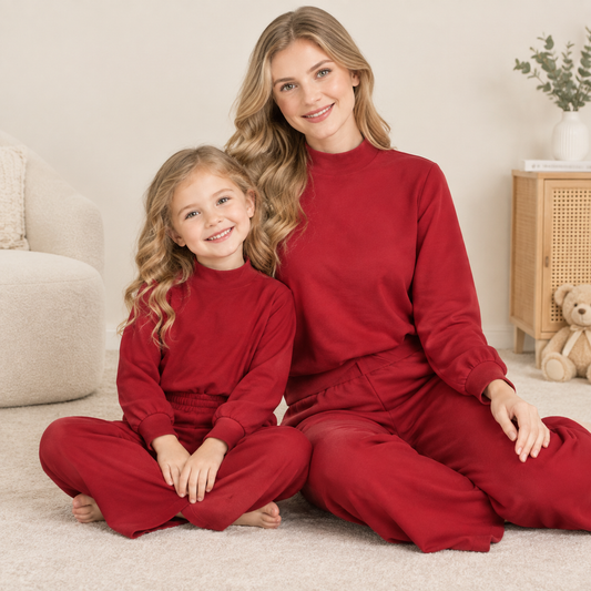 RTS NO MOQ Sibling cotton Adult To Match Kids High Neck Red Mock Neck Long Sleeve Top Wide Leg Pants Set（副本）