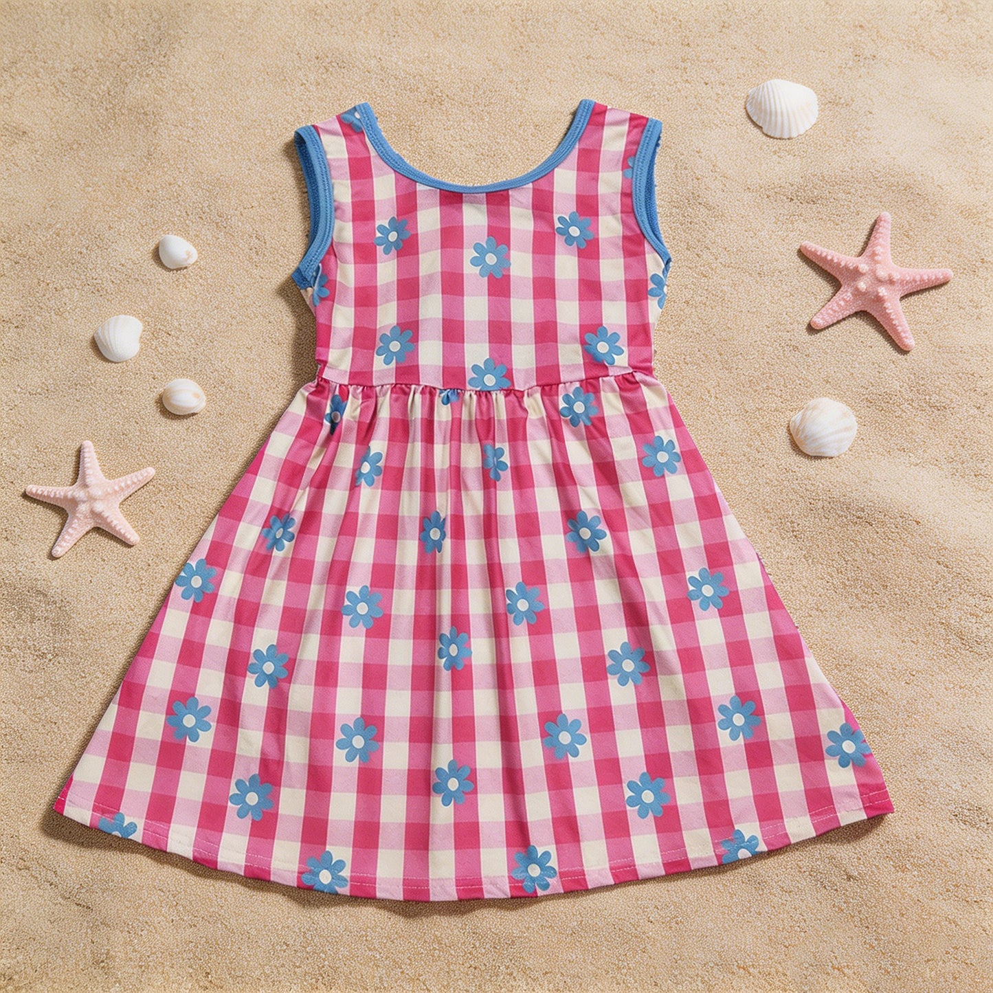 GSD4007 RTS NO MOQ （In stock ）Hot pink plaid floral sleeveless kids girls dresses