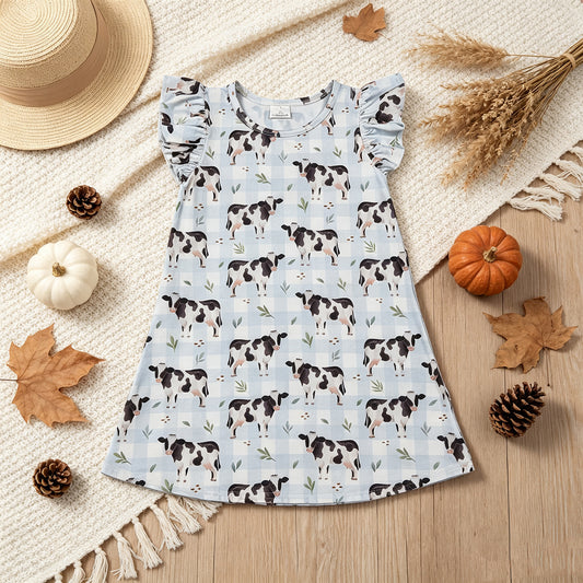 RTS NO MOQ （In stock）milk silk GSD3895 Baby Girls Flutter Sleeve Blue Checked Cows Farm Knee Length Cute Dresses